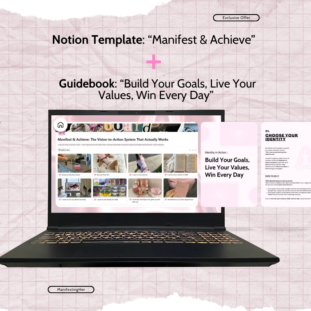 pink aesthetic mockup of a Notion template combining a vision board, daily tracker, and goal framework to manifest goals and stay organized